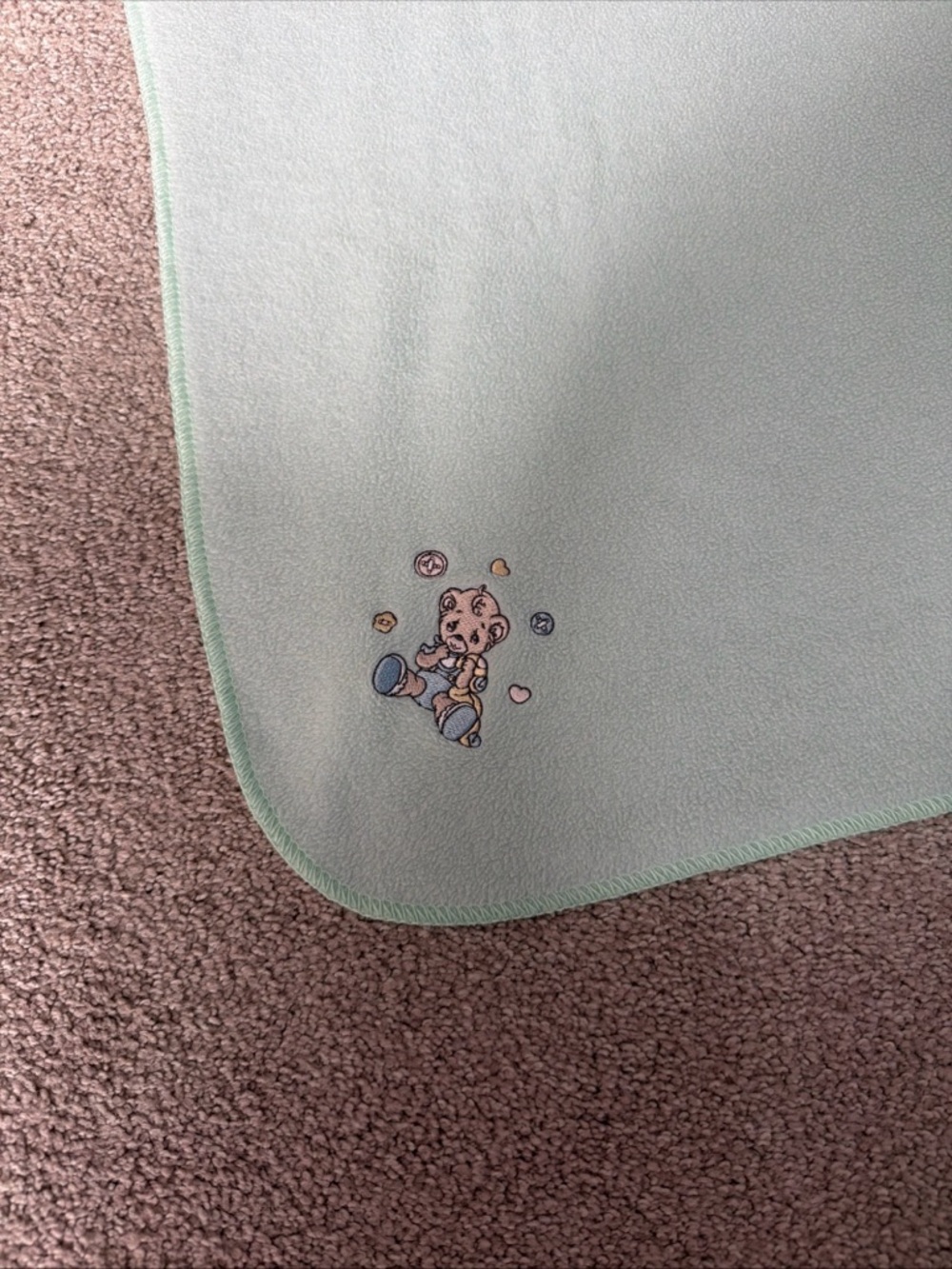 Precious moments, vintage Mint Green Baby Blanket with Teddy Embroidery